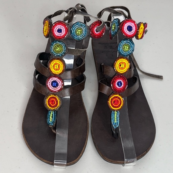 Global Girls Boho Leather Hand-Made Colorful Beaded Sz 37 Thong Sandals - Picture 11 of 14